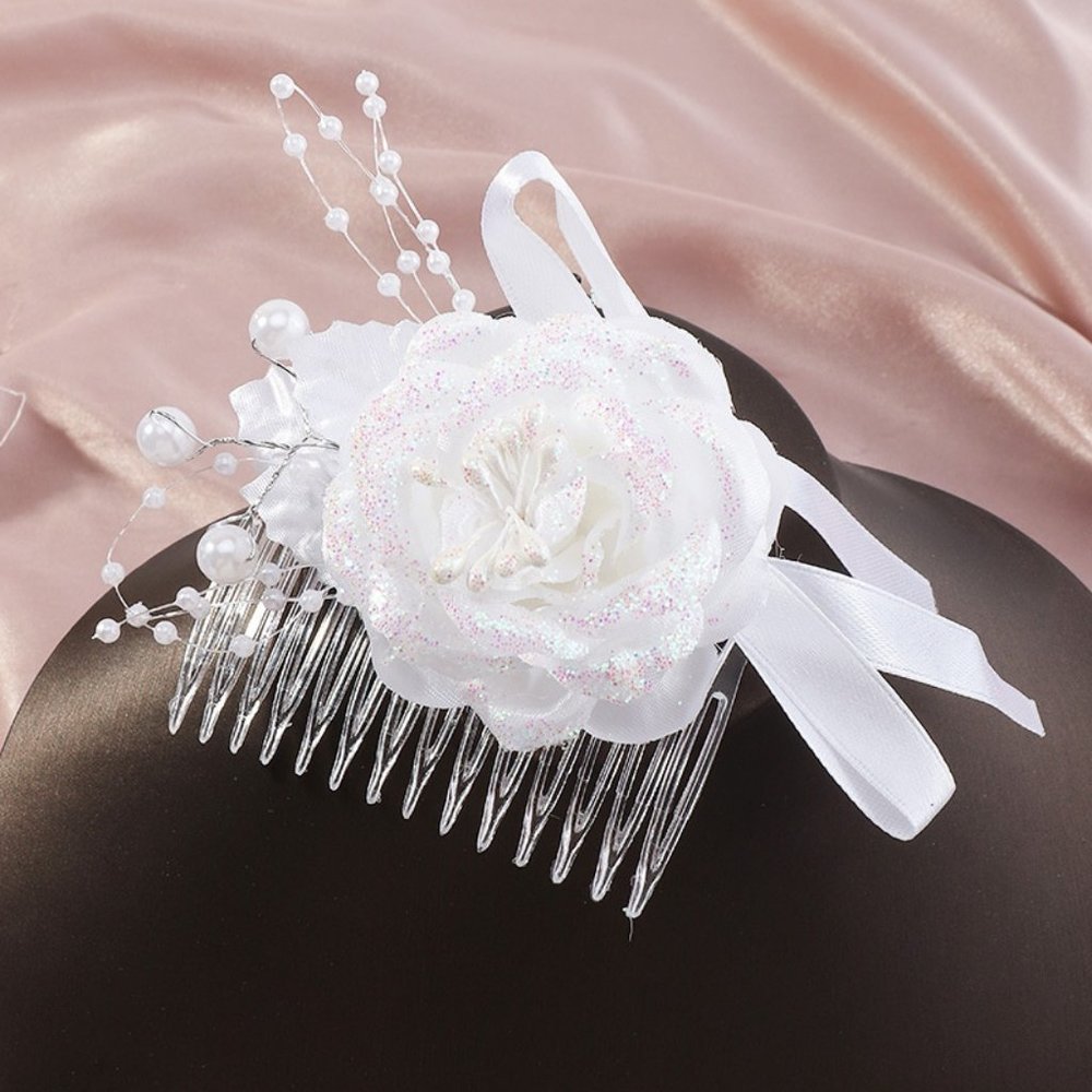 Set of Two Bridal Flower Hair Comb w/Ribbons & Tiny Pearls